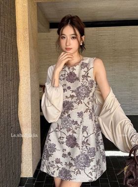 LS 优雅复古知性印花连衣裙 广州十三行2025早秋新品女装22796#
