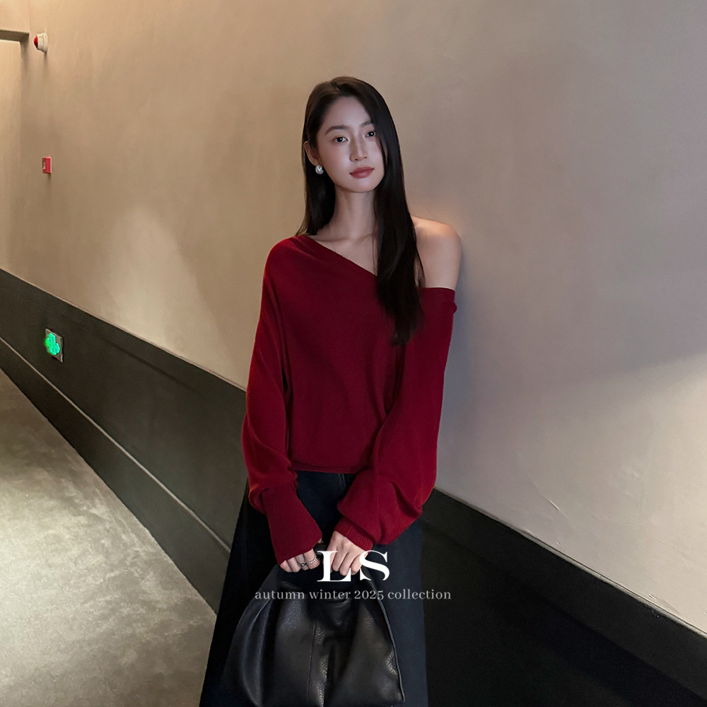 【LS新品牌】黑标极简大牌 早秋上新极简斜肩休闲针织上衣女HY035