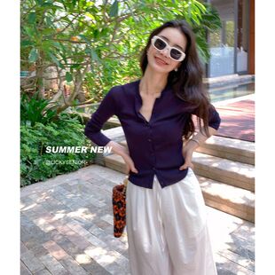 LICKYSENIOR盛夏qiang捻丝 清透坑条薄款天丝针织开衫女上衣