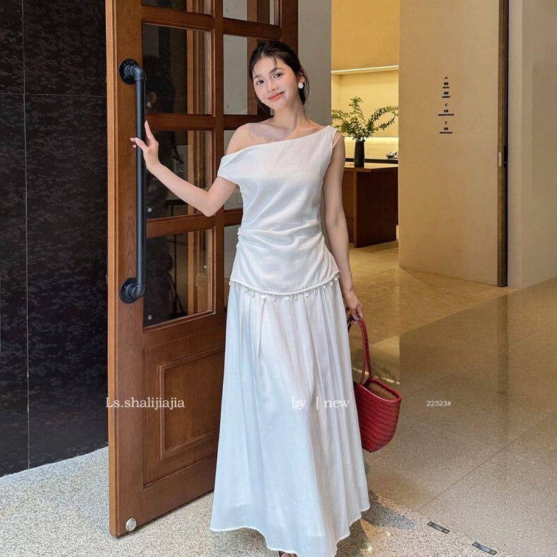LS 优雅斜肩小衫+半身裙套装 广州十三行2025夏季新品女装22523#