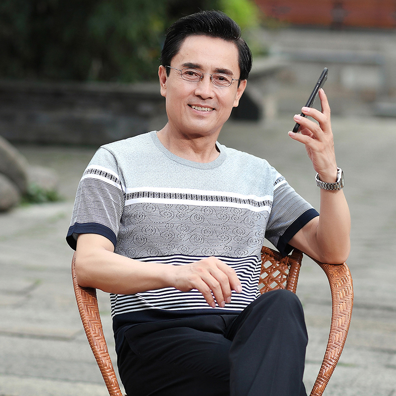 中年男士爸爸夏装短袖t恤40-50岁中老年人半袖父亲冰丝上衣男爷爷