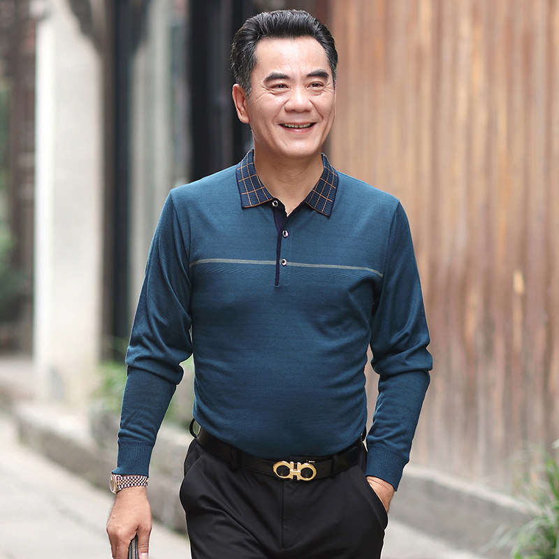 爸爸长袖t恤春装冰丝中年男士针织衫薄款中老年人爷爷打底衫全棉