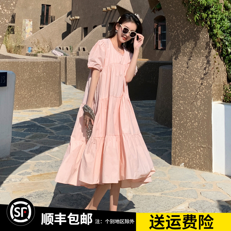 2023新款韩版宽松休闲显瘦中长款小仙女粉色荷叶边连衣裙女夏学生