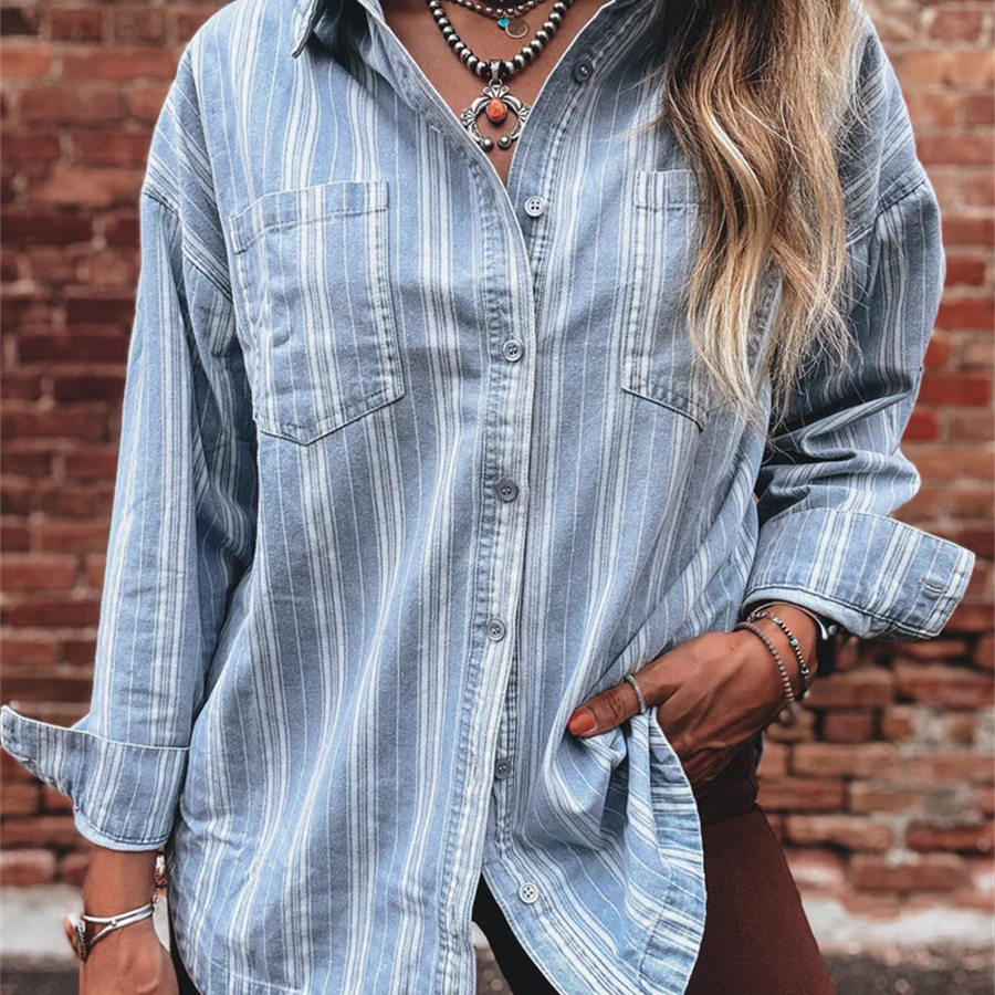 小俞家 lumier*家蓝色条纹衬衫舒适宽松上衣度假休闲度假v领