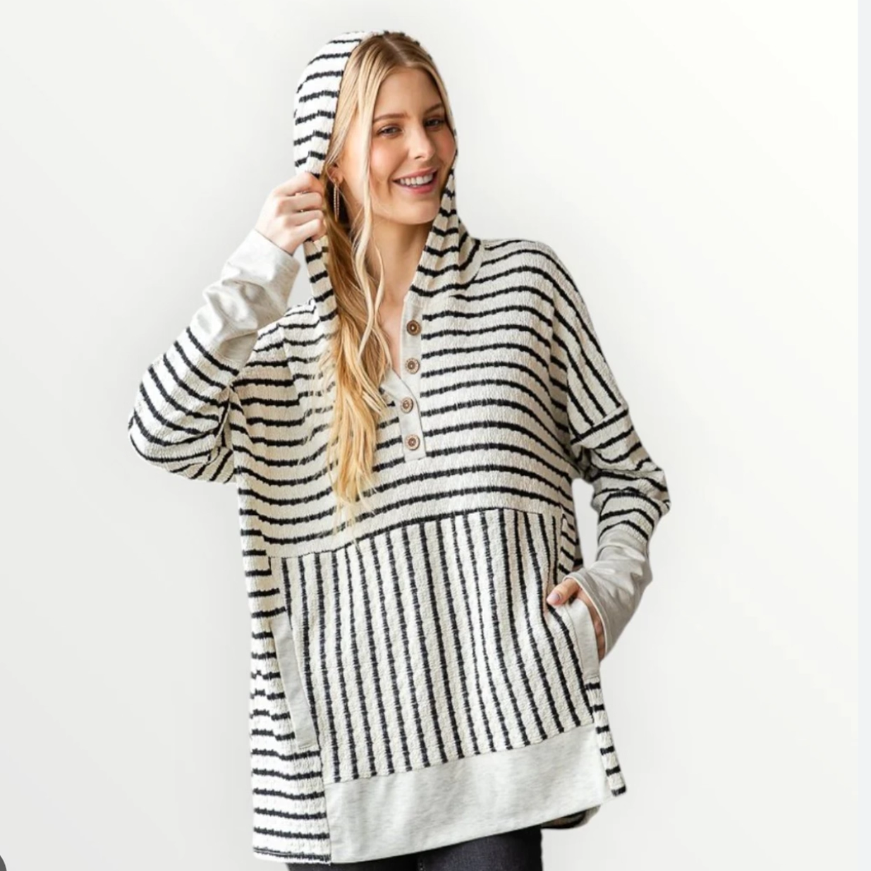 小俞家 休闲北欧风宽松绿色条纹带帽长袖针织类长袖上衣慵懒秋冬