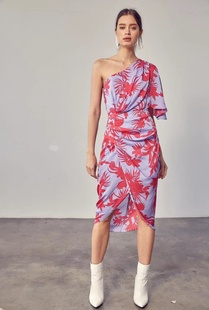 小俞家 休闲度假风欧美性感度假风碎花印花收腰单肩包裹连衣裙夏