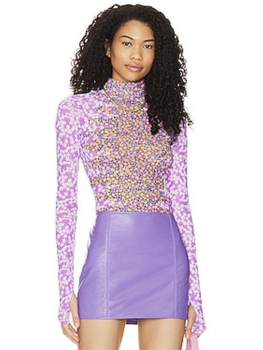 小俞家 欧美辣妹紫色碎花百搭打底衫修身显瘦网纱微透弹力长袖