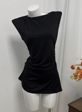 小俞家 Princess poll* 纯黑色通勤百搭长宽腰部褶皱无袖上衣修身