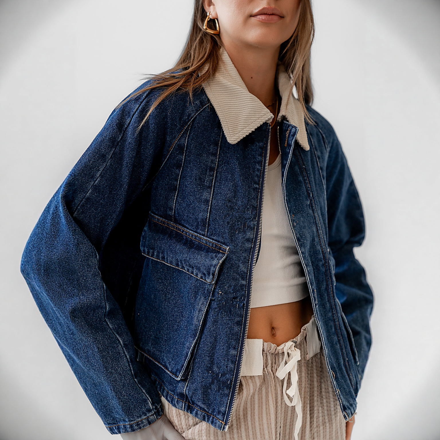 小俞家 me*家牛仔领子拼接麂皮外套上衣休闲宽松开衫秋季舒适