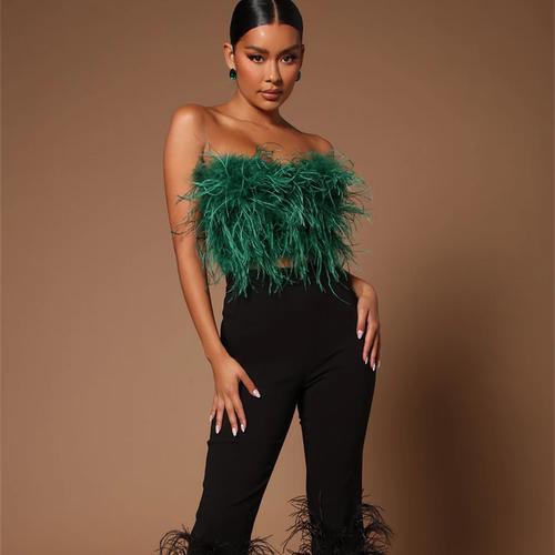 小俞家 fashionnav* 性感纯欲风鸵鸟毛带胸垫抹胸修身欧美辣妹夏