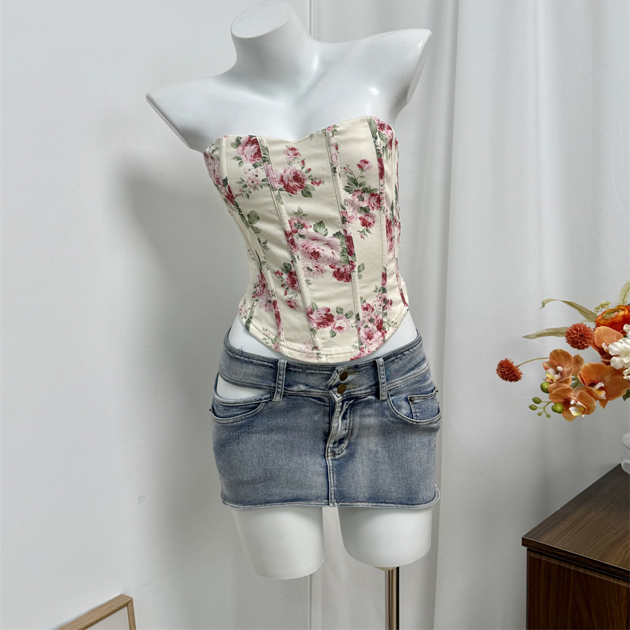 小俞家 the vintage sh*家鱼骨抹胸大花上衣辣妹百搭吊带修身显瘦