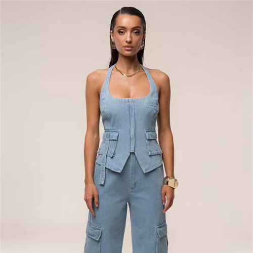 小俞家 性感纯欲风辣妹休闲挂脖牛仔背心收腰显瘦露背小上衣夏新