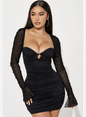 小俞家 fashion nov*家珍珠长袖网纱弹力连衣裙黑色白色大肠辣妹