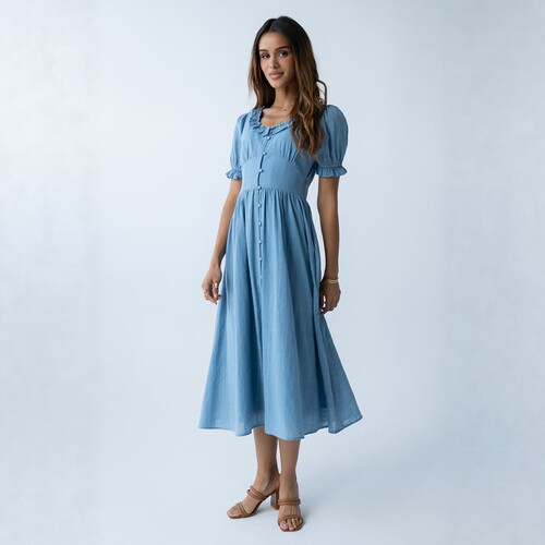 小俞家 bohm*法式复古泡泡袖收腰显瘦气质中长款连衣裙女夏