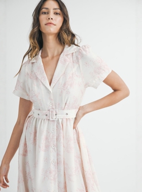 小俞家 mabl*家白底粉花收腰连衣裙短袖长裙度假v领