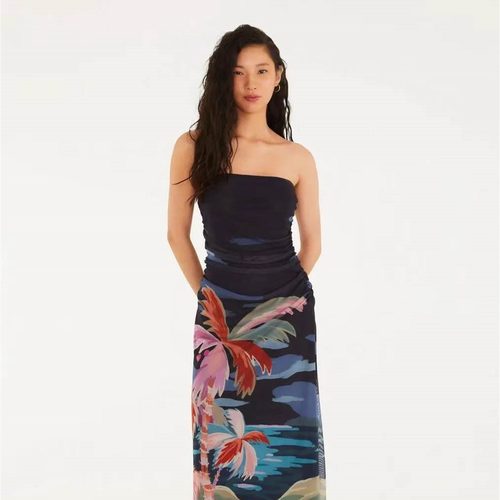 小俞家 FAR* 性感纯欲风深蓝底彩色椰树印花网纱抹胸连衣裙度假夏