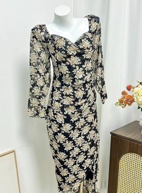 小俞家 lus* 性感纯欲风黑色印花修身显瘦雪纺长袖侧开叉连衣裙秋