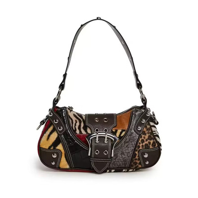 Current Mood2026新款斑马豹纹拼接皮带扣拉链腋下单肩包女包