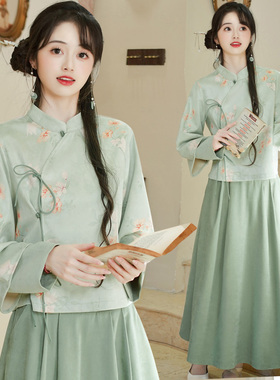 新中式新款绿色小清新印花改良版斜襟立领上衣纯色半身裙两件套女