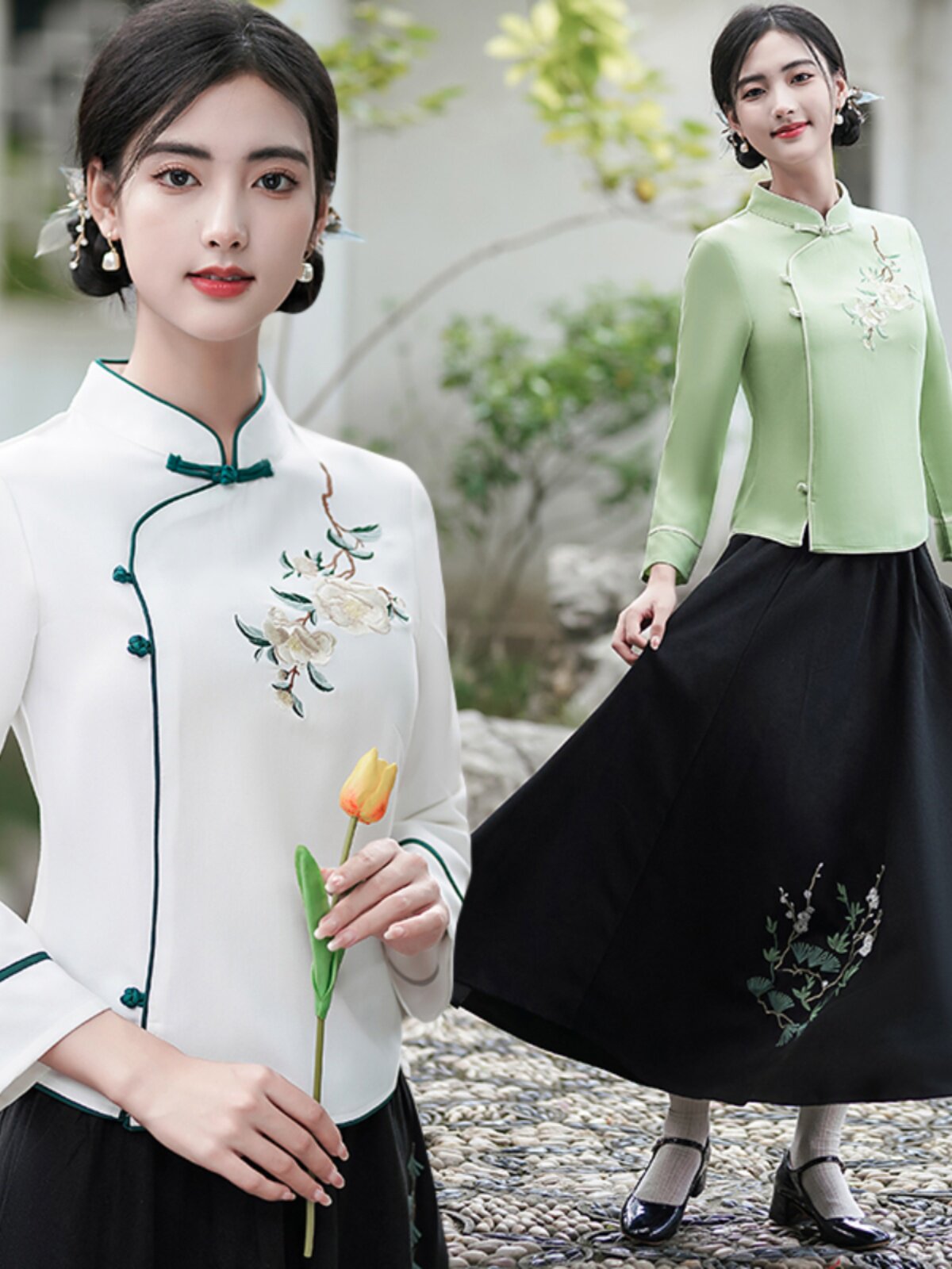 [ONE PIECE SPECIAL] NEW CHINESE STYLE REPUBLIC OF CHINA EMBROIDERED SLIM STAND-UP COLLAR TOP ELASTIC WAIST SKIRT TWO-PIECE SET