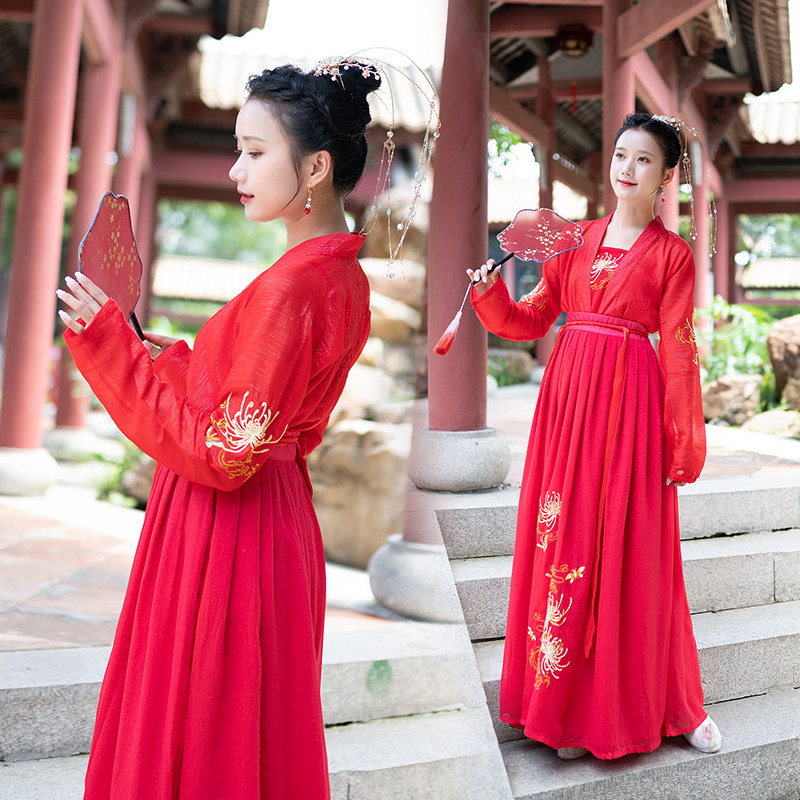 [7주년 매장 기념] 특별 제안 오리지널 정통 HANFU 자수 짧은 조끼와 멜빵 만다린 스커트와 빅 셔츠