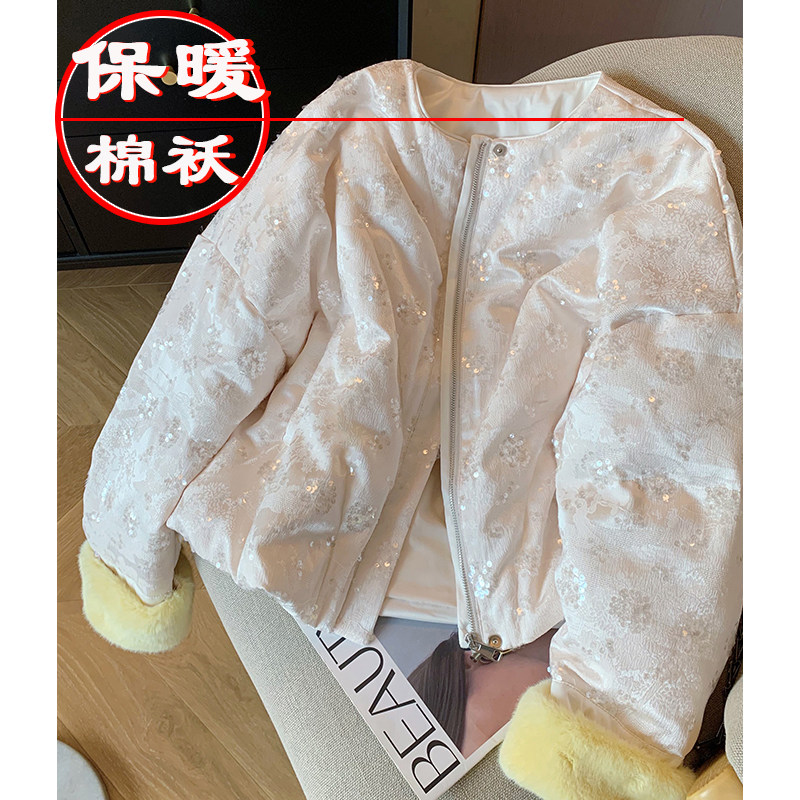 圆领拼接轻奢棉服外套小香风中式