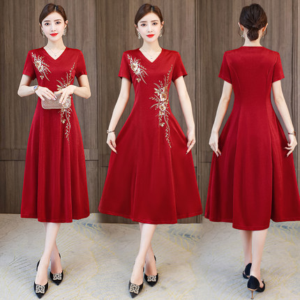 【品牌特价】气质V领年轻妈妈婚宴礼服夏季重工婚礼改良连衣裙女