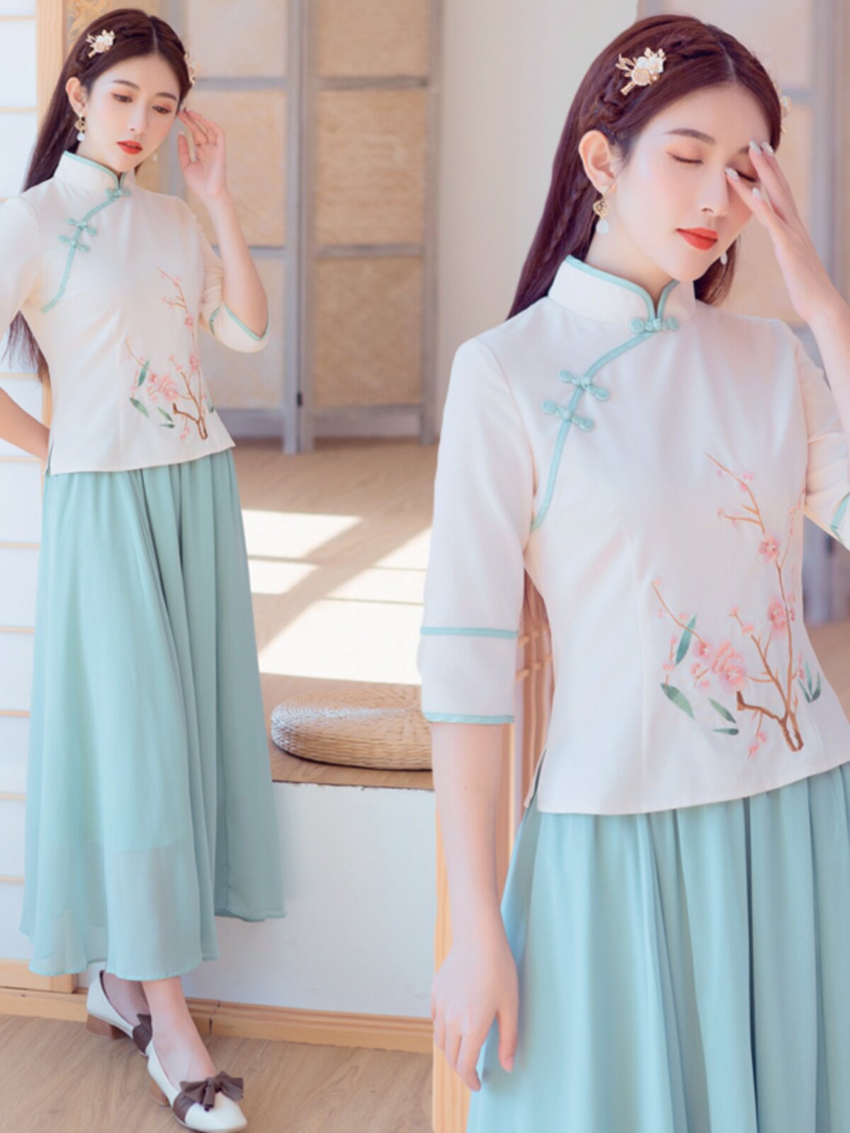 [CLEARANCE SPECIAL]SHORT MID-SLEEVED CHEONGSAM TOP CHINESE RETRO SLIM SLIM VERSATILE LITERARY AND TANG COSTUME TEA ART