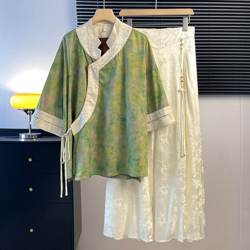 2025新款新中式唐装复古立领拼接汉服上衣搭配重工提花半身裙套装