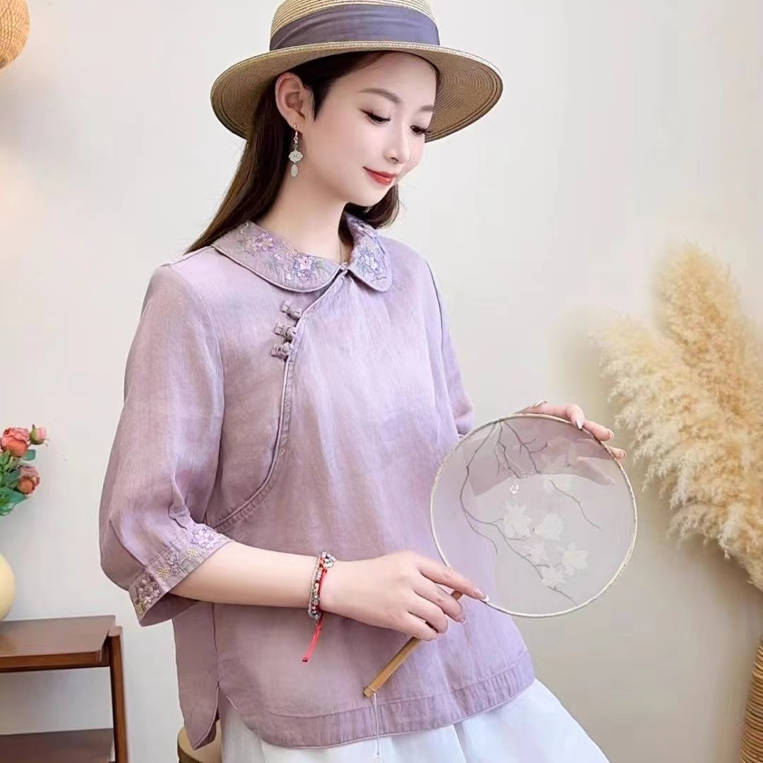 外贸品牌尾货棉麻民族风茶服上衣