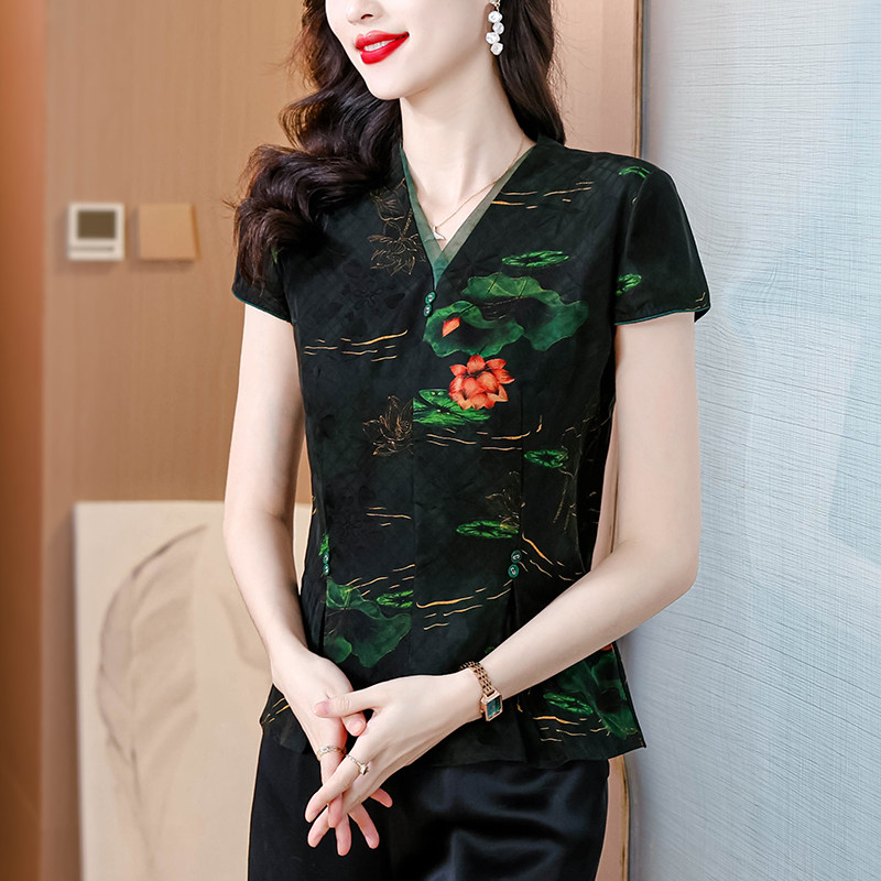 【特价清仓】夏季新款短袖收身V领女上衣仿香云纱气质修身显瘦T恤