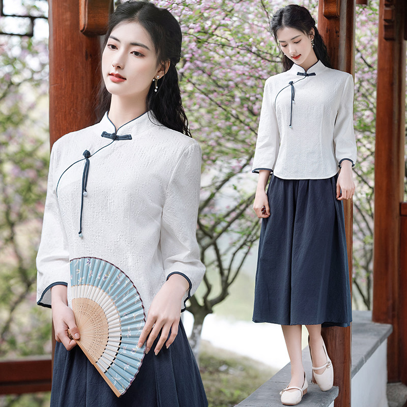 中国风斜襟显瘦棉麻春秋季上衣女