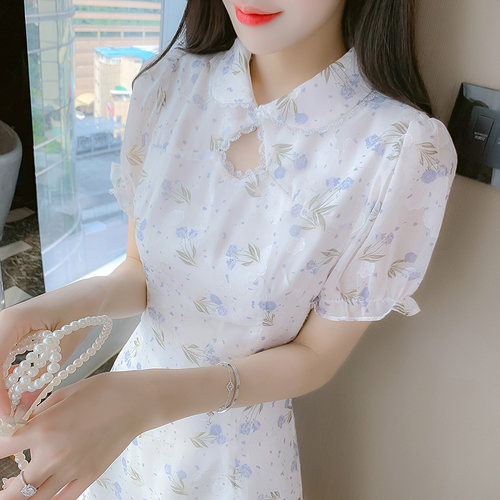 新中式复古印花立领气质连衣裙女