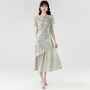 2025新款清冷感新中式连衣裙夏季中国风气质收腰显瘦不规则裙子女
