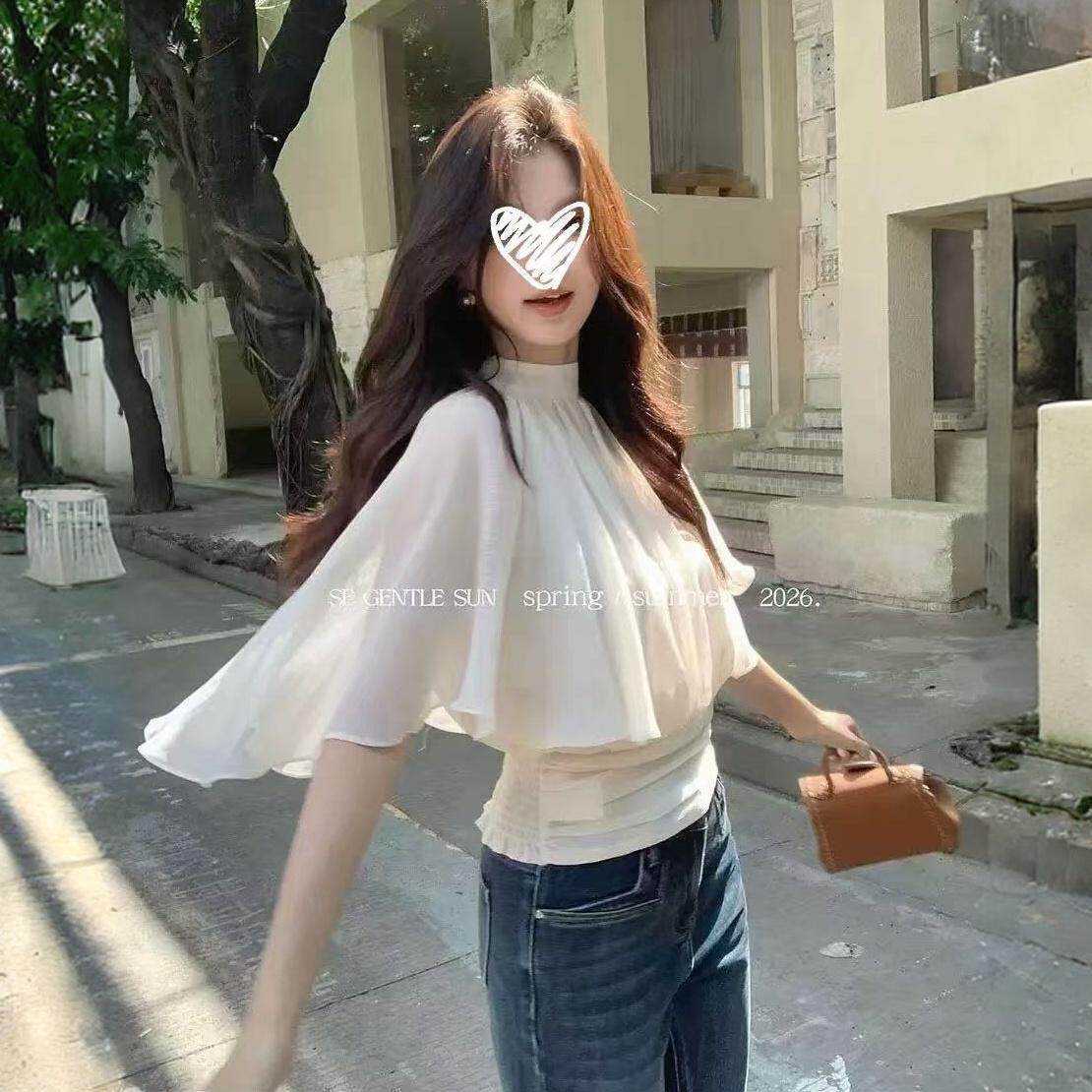 小众设计圆领斗篷雪纺衫女宽松显瘦收腰上衣Z气质白色百搭26611