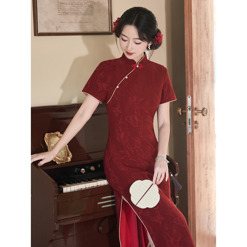 高端新中式针织提花红色旗袍新娘敬酒服女2025新款结婚订婚礼服裙