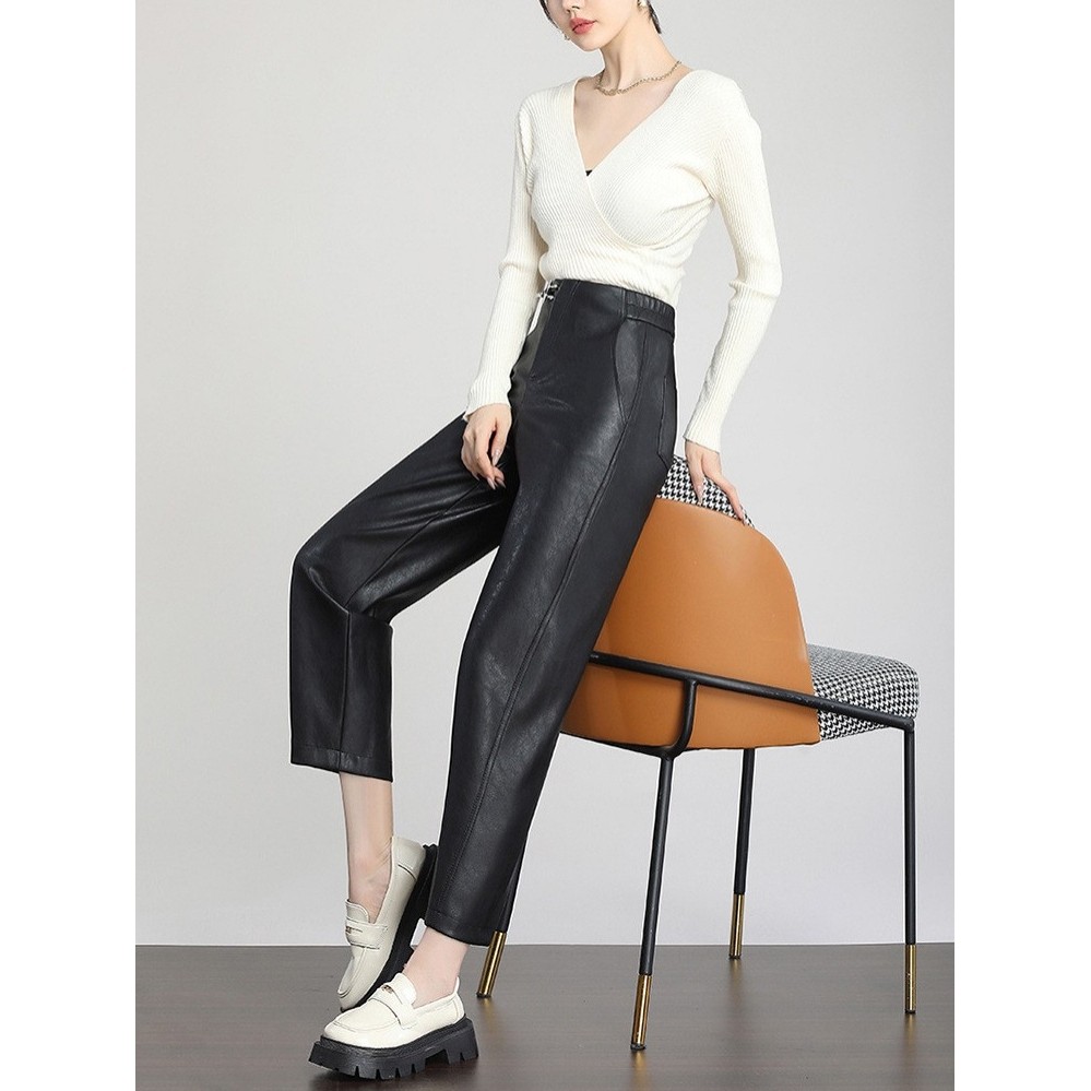 真皮皮裤女高腰宽松老爹裤绵羊皮哈伦九分裤休闲萝卜裤2025春新款,女装/女士精品,皮衣,淘宝优惠券,粉丝福利购,淘宝优惠卷