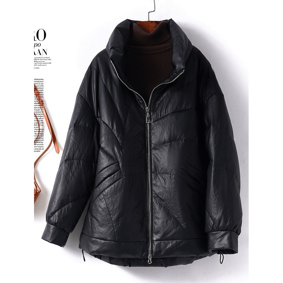 眞皮上衣羽绒服女常规韩版宽松纯色立领保暖90白鸭绒外套高级感