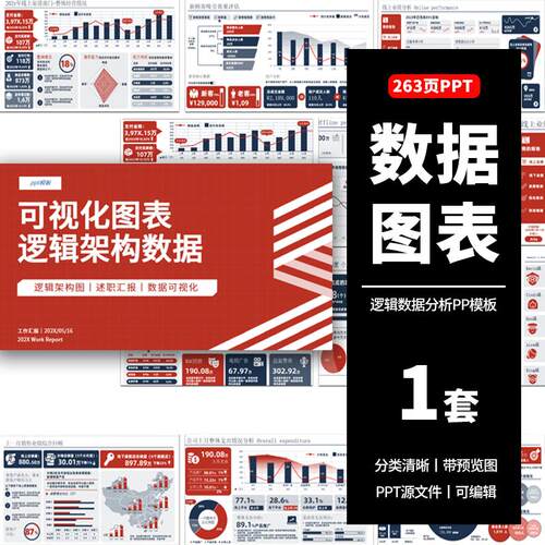 公司红蓝色信息可视化图表逻辑数据分析图标工作总结汇报ppt模板
