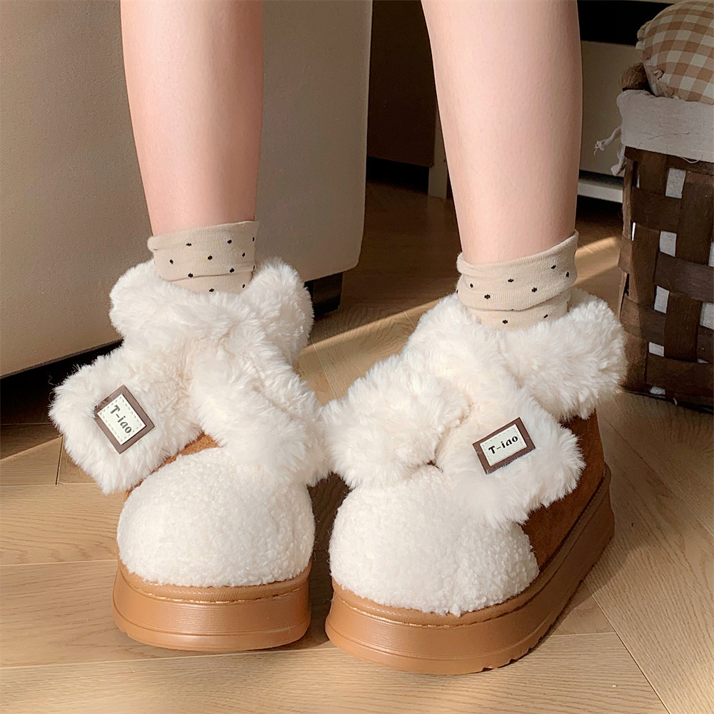 创意英文字母厚底加绒简约毛毛雪地靴女休闲个性冬季外穿保暖棉鞋