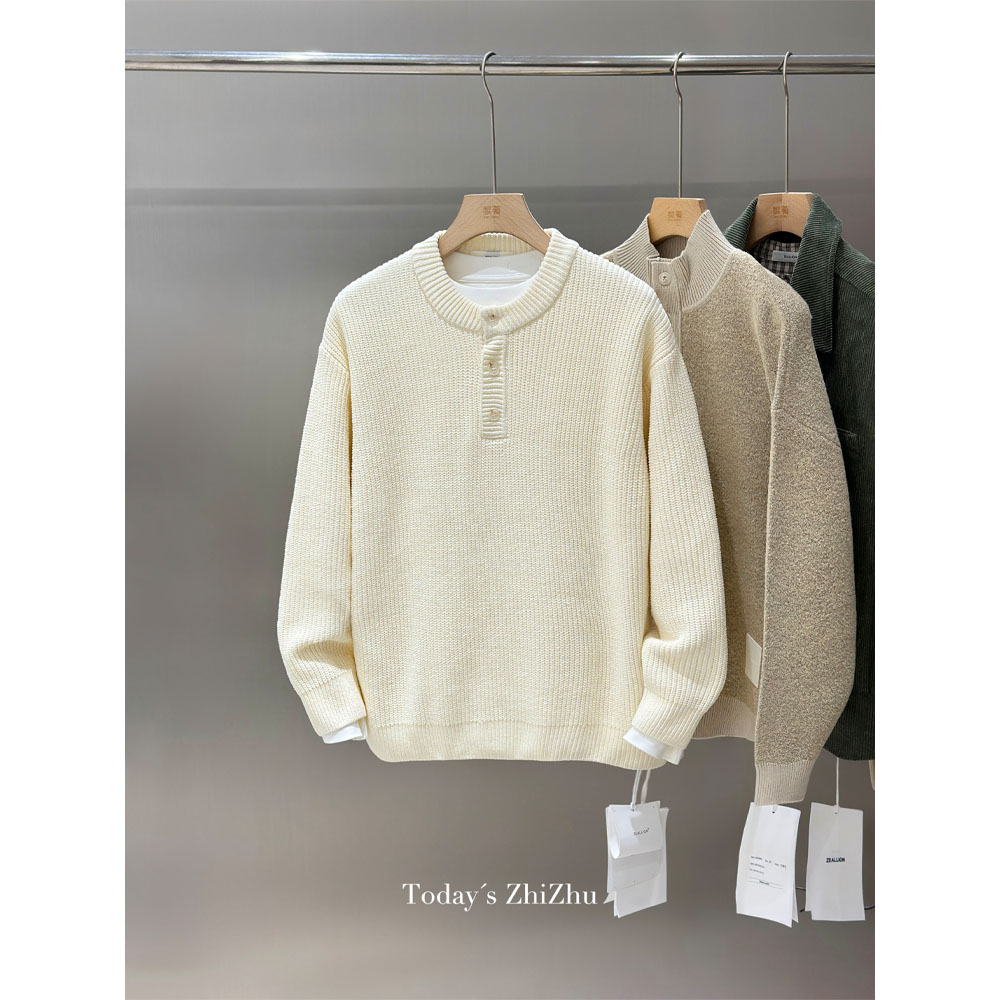 半扣亨利领针织圆领毛衣