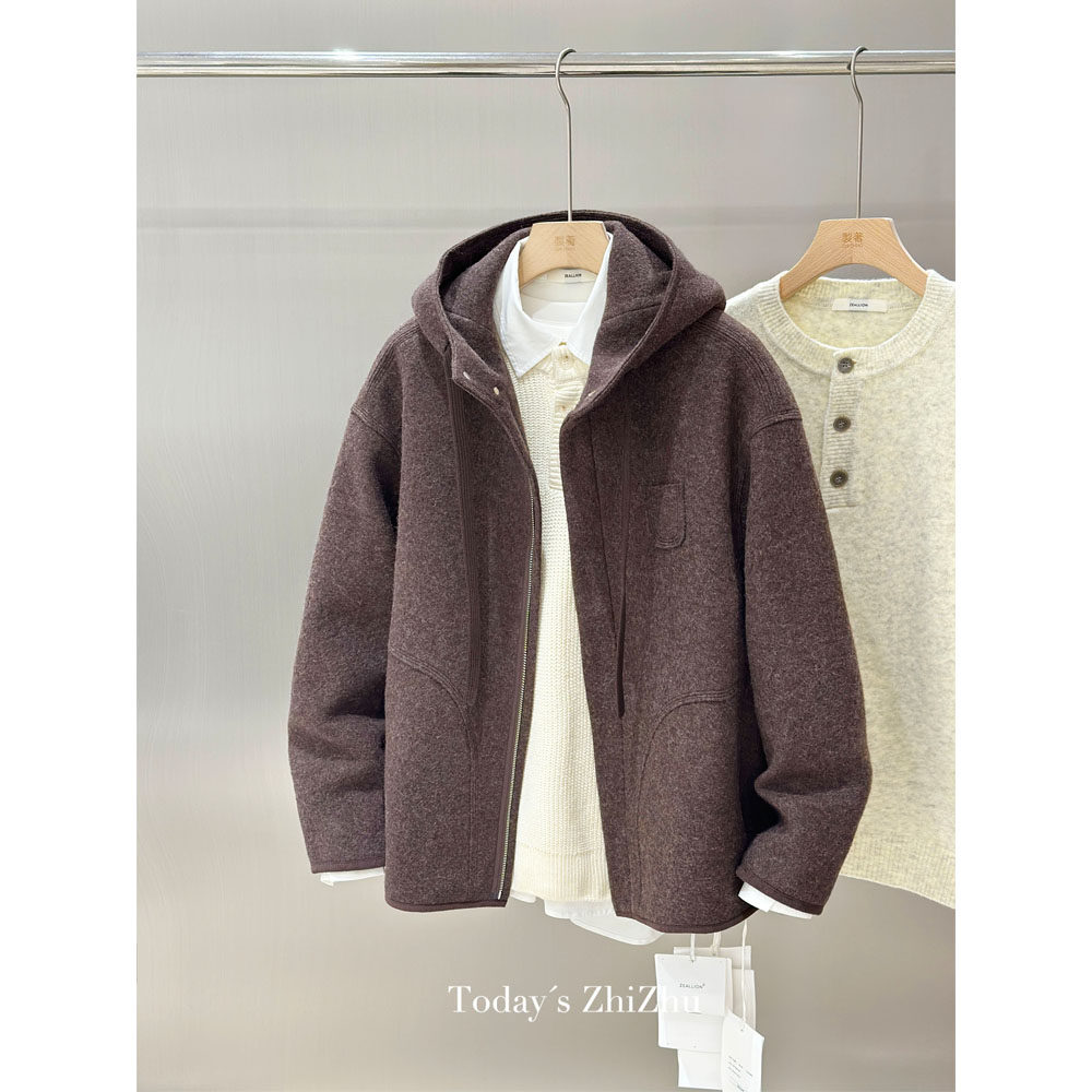 连帽羊毛混纺呢子外套