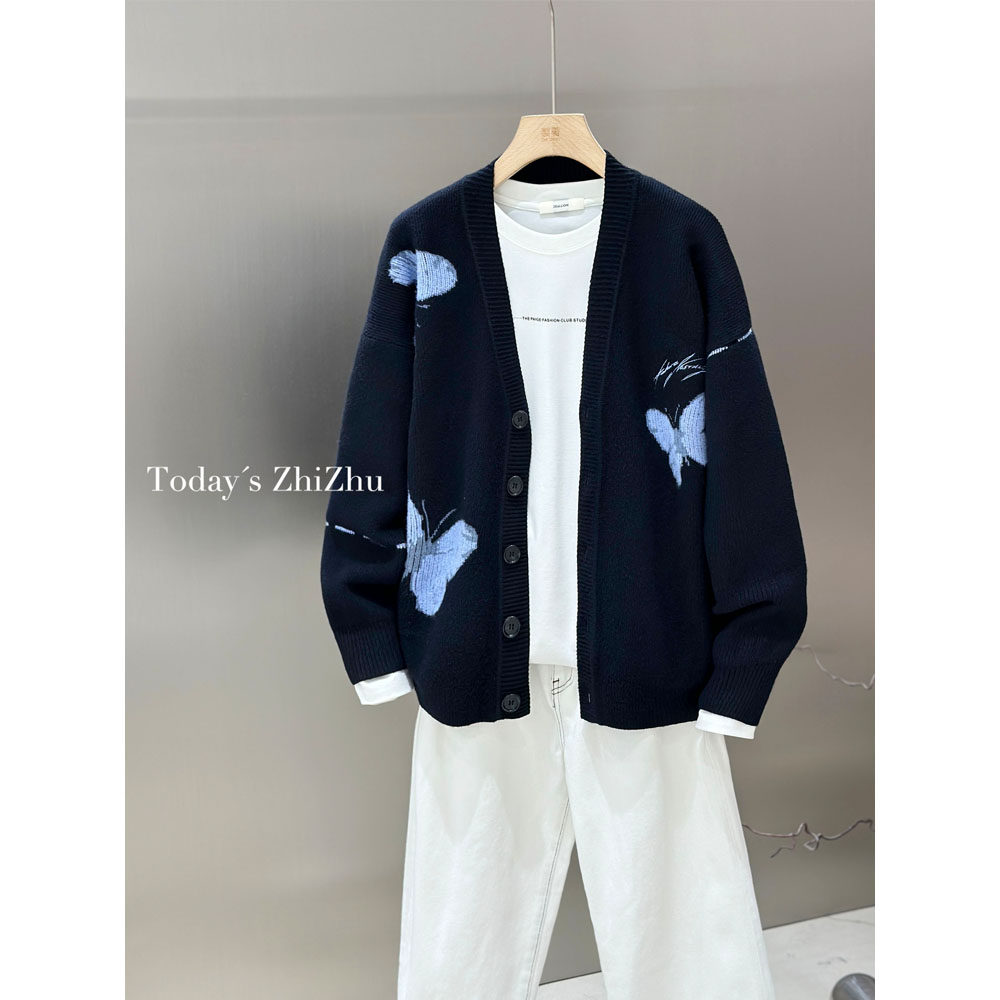 男装复古百搭慵懒松弛感蝴蝶提花毛衣开衫外套  M25879