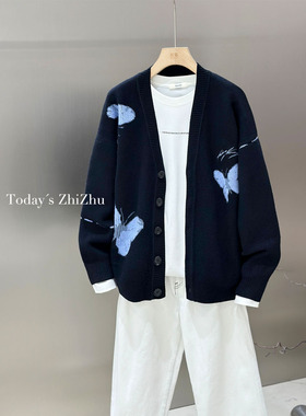 男装复古百搭慵懒松弛感蝴蝶提花毛衣开衫外套  M25879