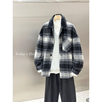 老钱风黑白格羊毛混纺呢子外套