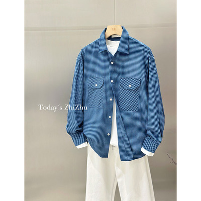 经典蓝格条纹长袖衬衫