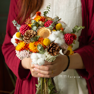 进口永生花干花木棉花黄金球太阳花束红色结婚手捧花客厅装饰摆件