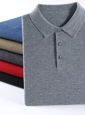 春秋季100纯山羊绒衫长袖T恤男翻领商务薄款打底Polo精纺毛衣大码