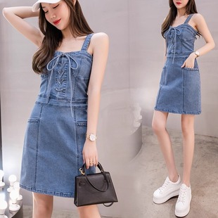 弹力修身 胖MM大码 绑带牛仔吊带裙性感包臀一步裙 韩版 2026春夏新款