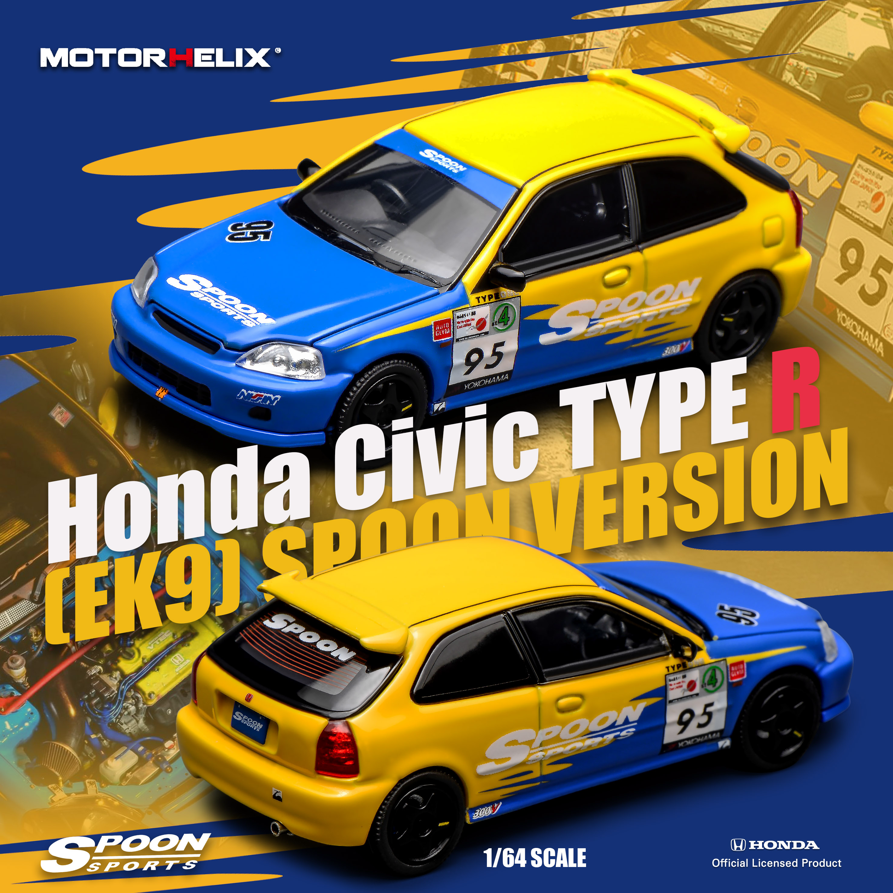 本田Civic TypeR EK9 Spoon黄蓝 合金汽车模型-Motorhelix 1/64